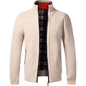 Men's Beige Casual Slim Full Zip Knitted Polyester Cardigan Sweater with Pocked
